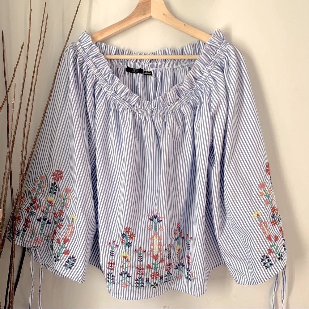 RDI Top Off the Shoulder Striped Floral Embroidered Women’s Size Large